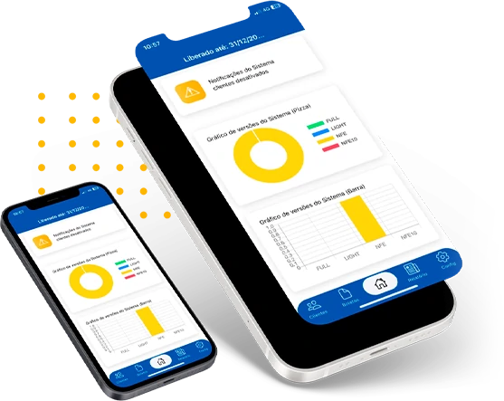 Dashboard do sistema Gálago mostrando telas de gestão de vendas, estoque e relatórios